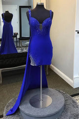 Royal Blue Plunging Neck Tight Party Dress with Backless