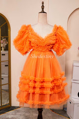 Orange Sweetheart A-Line Short Homecoming Dress with Puff Sleeves