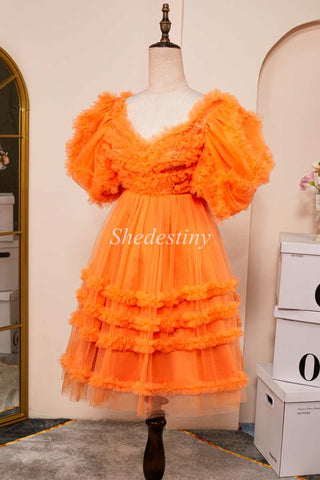 Orange Sweetheart A-Line Short Homecoming Dress with Puff Sleeves