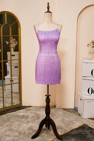 Lilac Sequin Lace-Up Back Short Party Dress