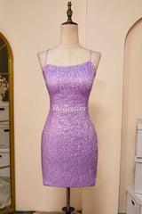 Lilac Sequin Lace-Up Back Short Party Dress