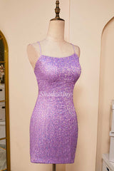 Lilac Sequin Lace-Up Back Short Party Dress