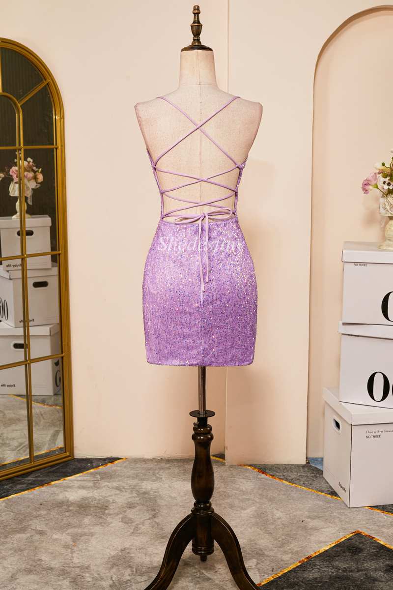 Lilac Sequin Lace-Up Back Short Party Dress