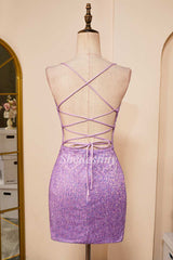 Lilac Sequin Lace-Up Back Short Party Dress