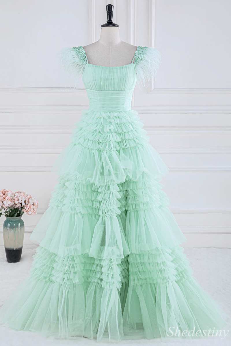 Mint Green Cold-Shoulder Feather Ruffle Tiered Long Prom Dress with Slit