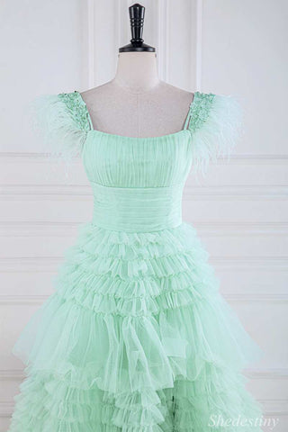 Mint Green Cold-Shoulder Feather Ruffle Tiered Long Prom Dress with Slit