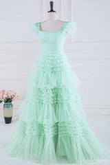 Mint Green Cold-Shoulder Feather Ruffle Tiered Long Prom Dress with Slit