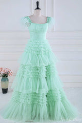 Mint Green Cold-Shoulder Feather Ruffle Tiered Long Prom Dress with Slit