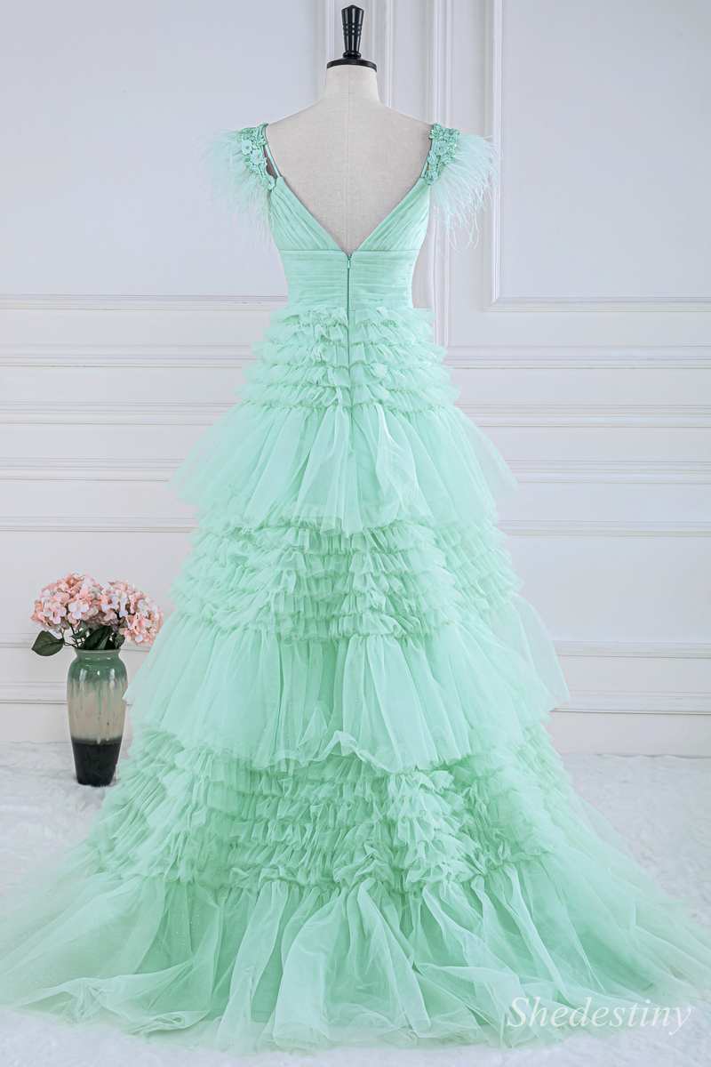 Mint Green Cold-Shoulder Feather Ruffle Tiered Long Prom Dress with Slit