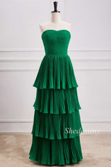 Multi-Layer Shirred Strapless Maxi Dress in Emerald