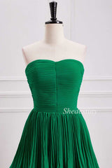 Multi-Layer Shirred Strapless Maxi Dress in Emerald