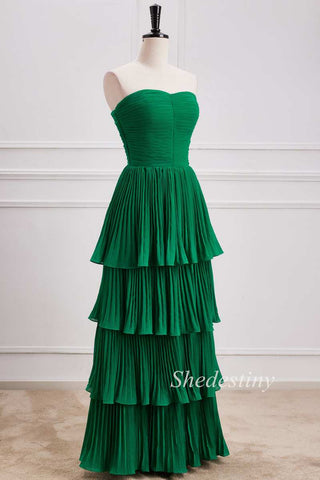 Multi-Layer Shirred Strapless Maxi Dress in Emerald