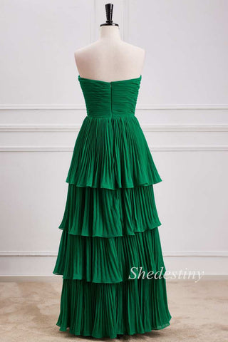 Multi-Layer Shirred Strapless Maxi Dress in Emerald