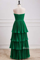 Multi-Layer Shirred Strapless Maxi Dress in Emerald