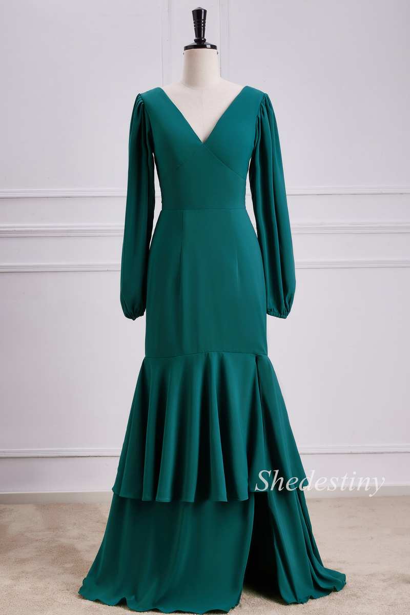 V-Neck Trumpet Maxi Dress with Long Sleeves in Emerald