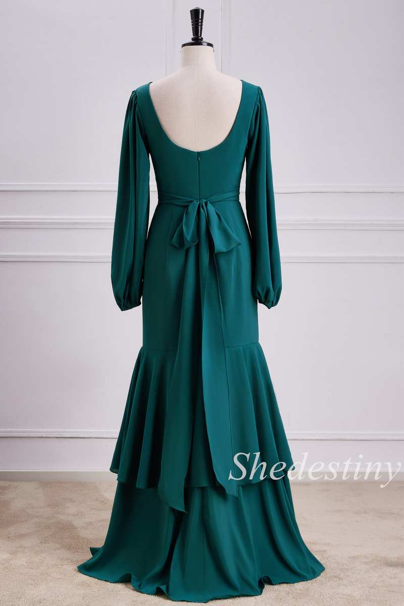 V-Neck Trumpet Maxi Dress with Long Sleeves in Emerald