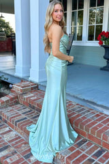 Sage Green Mermaid Long Pleat Strapless Prom Dress with Slit