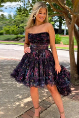 Black Strapless A-Line Floral Print Short Homecoming Dress