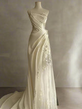 Princess Applique One Shoulder Mermaid Ruched Satin Wedding Dress