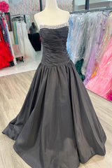 Green A-line Strapless Satin Pleated Beaded Long Prom Gown