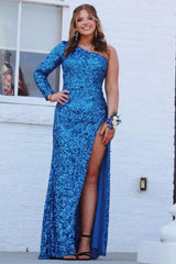 Red Sequin One-Sleeve Mermaid Long Prom Dress with Slit