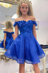 Off the Shoulder A Line Royal Blue Short Homecoming Dress