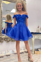 Off the Shoulder A Line Royal Blue Short Homecoming Dress