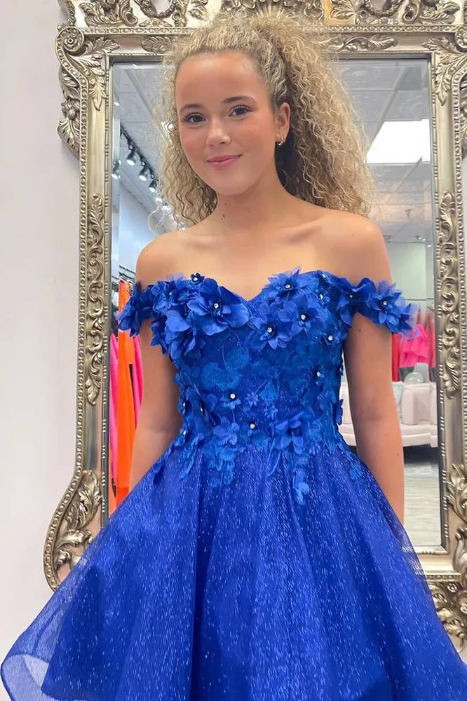 Off the Shoulder A Line Royal Blue Short Homecoming Dress