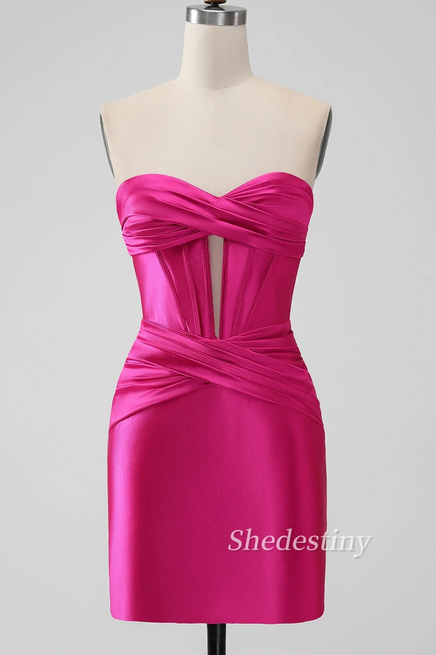 Hot Pink Strapless Keyhole Ruched Mini Homecoming Dress