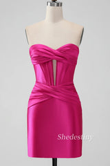 Hot Pink Strapless Keyhole Ruched Mini Homecoming Dress