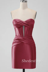 Hot Pink Strapless Keyhole Ruched Mini Homecoming Dress