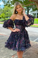 Black Strapless A-Line Floral Print Short Homecoming Dress