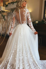 White Appliques Long Sleeve Sheer Back Long Wedding Dress