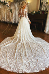 White Appliques Long Sleeve Sheer Back Long Wedding Dress