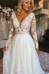 White Appliques Long Sleeve Sheer Back Long Wedding Dress