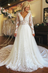 White Appliques Long Sleeve Sheer Back Long Wedding Dress