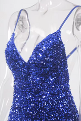 Royal Blue Sequins V-Neck Mermaid Long Prom Dress with Slit