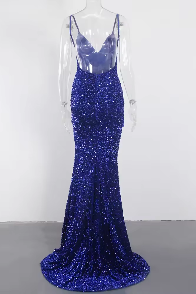 Royal Blue Sequins V-Neck Mermaid Long Prom Dress with Slit