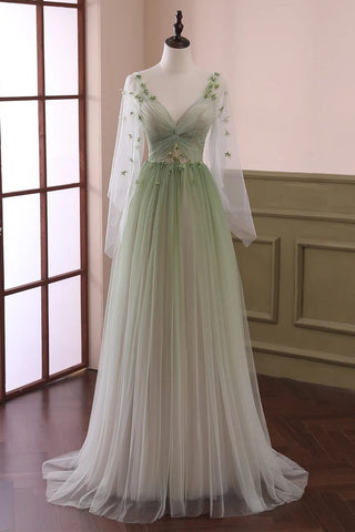 Light Green Gradient Tulle Long Dress with Long Sleeves