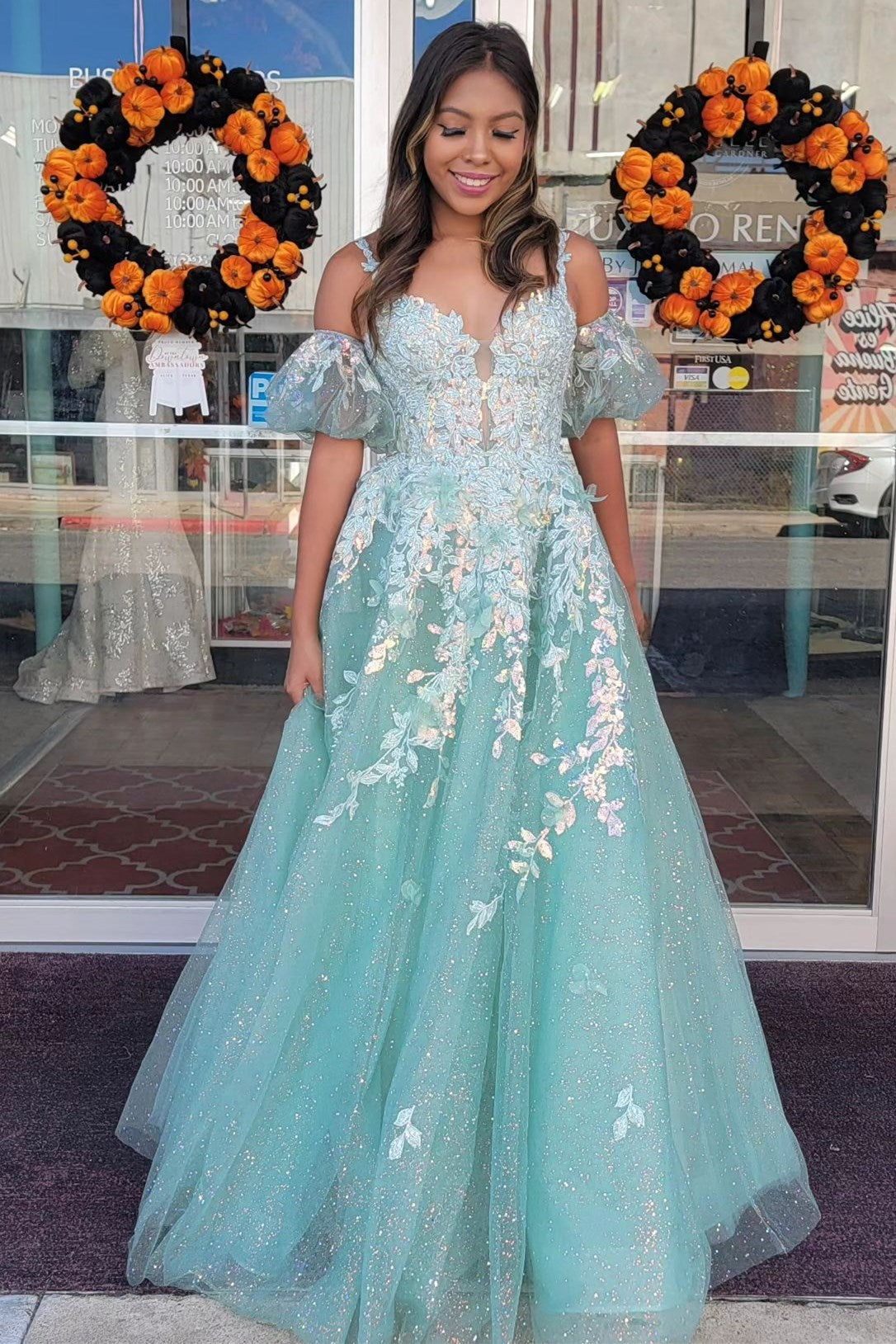 Sage Tulle Appliques Plunge V A-Line Long Prom Dress