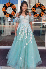 Sage Tulle Appliques Plunge V A-Line Long Prom Dress