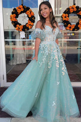 Sage Tulle Appliques Plunge V A-Line Long Prom Dress