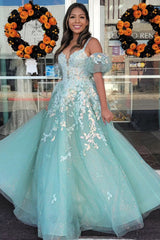 Sage Tulle Appliques Plunge V A-Line Long Prom Dress