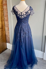 Navy Blue Appliques A-Line Mother's Gown with Short Sleeves