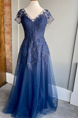 Navy Blue Appliques A-Line Mother's Gown with Short Sleeves