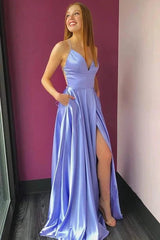 Blue Spaghetti Straps A-Line Lace-Up Satin Long Dress