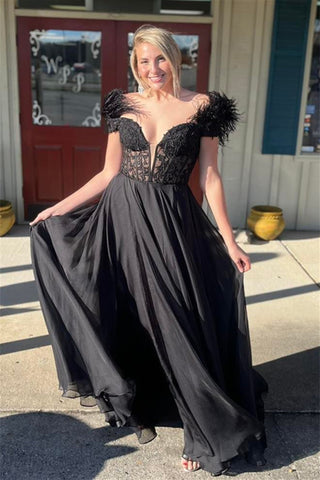 Black A-line Off-the-Shoulder V Neck Beaded Appliques Long Prom Dress with Feathers