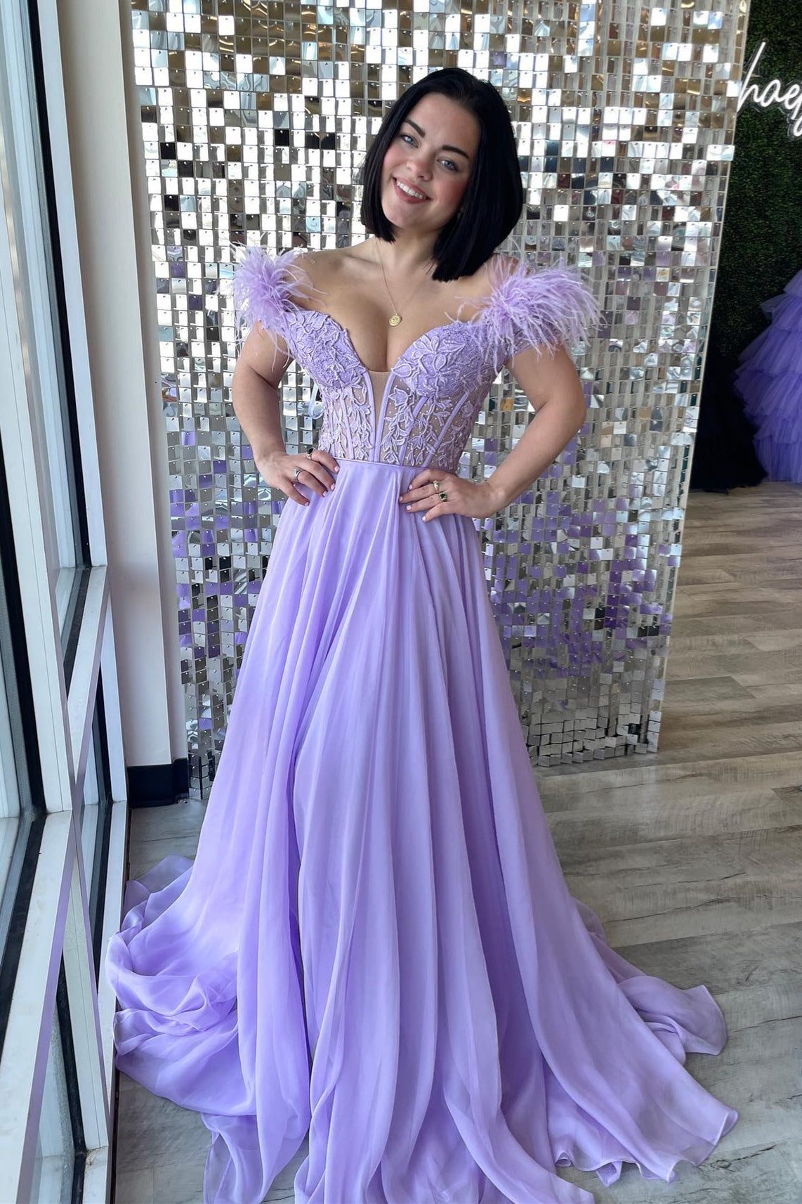 Lilac A-line Off-the-Shoulder V Neck Beaded Appliques Long Prom Dress with Feathers