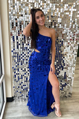 Royal Blue One Shoulder Mirror-Cut Sequins Cut-Out Long Prom Dress with Slit