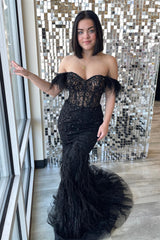 Black Off-the-Shoulder Mermaid Beaded Applique Long Prom Dress with Feathers